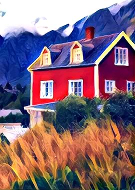 Red chimney house in grass