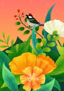 Beautiful Flowers and Bird