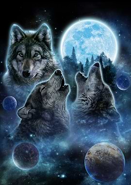 Three Wolves and Full Moon