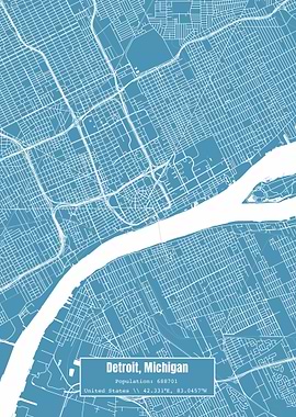 Detroit Michigan Map Blue