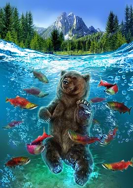 Bear Swim with Salmon Fish