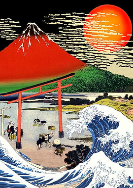 Red Mount Fuji and Tsunami