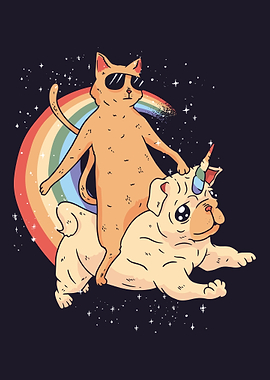 cat rides Unicorn Dog