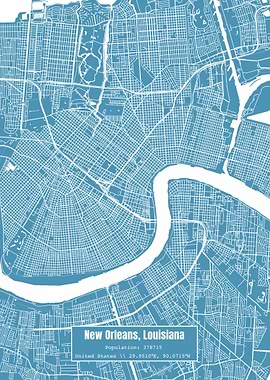 New Orleans LA Map Blue