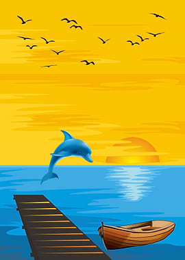 Sea beach sunset painted