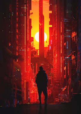 futuristic city sunset