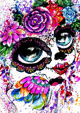 Skull girl with flowers