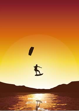 Surfer flying under sunset