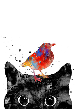 Peeking cat and bird