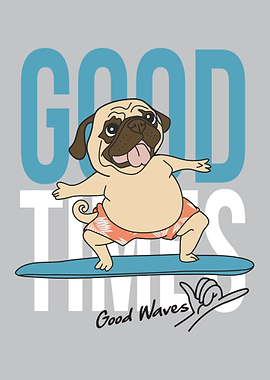 Funny Pug Dog Surfing