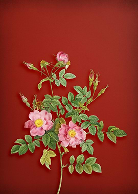 Pink Rosebush on Red