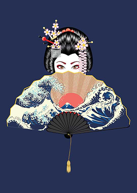 Geisha and fan with sea