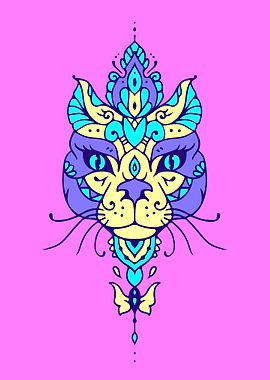 Cat vibrant floral art