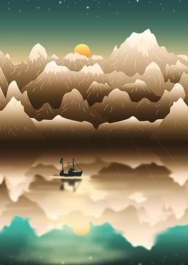 Fishing boat sea mountains