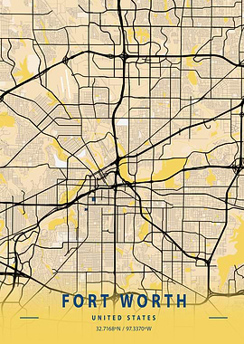 Fort Worth Yellow City Map