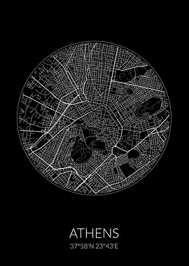 Athens City Map Black