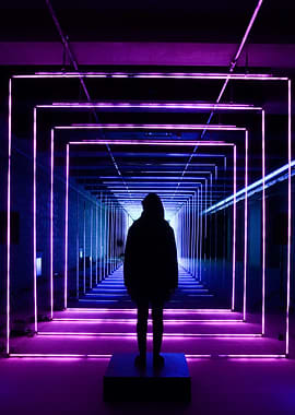 STANDING IN NEON HALLWAY