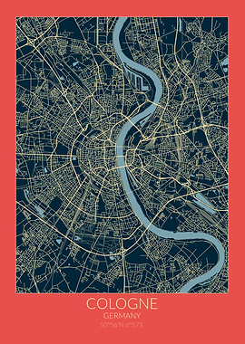 Cologne Map Red Blue