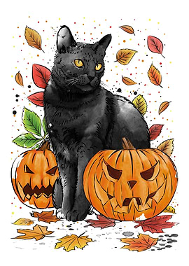 Cat Leaves and Pumpkins