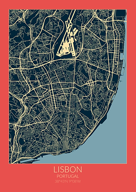 Lisbon Map Red Blue Lisboa
