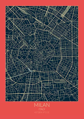 Milan Map Red Blue Italy