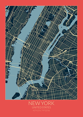 New York Map Red Blue