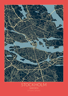 Stockholm Map Red Blue