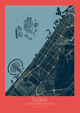 Dubai Map Red Blue