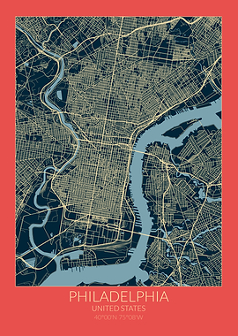 Philadelphia Map Red Blue