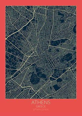 Athens Map Red Blue