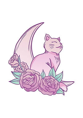 Pink Cat Moon Floral