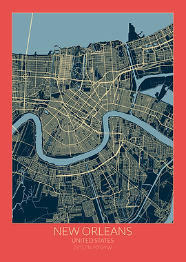 New Orleans Map Red Blue
