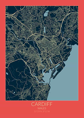 Cardiff Map Red Blue