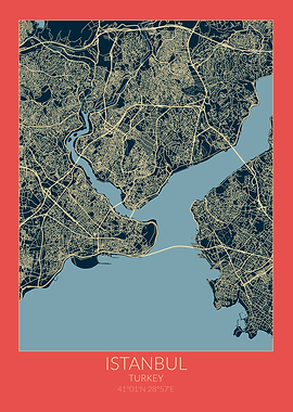Istanbul Map Red Blue