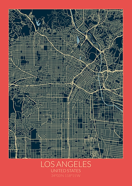 Los Angeles Map Red Blue