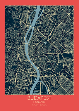 Budapest Map Red Blue