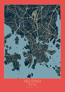 Helsinki Map Red Blue