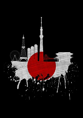 Tokyo Skyline Japan Flag