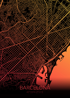 Barcelona Map Black Orange