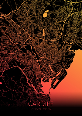 Cardiff Map Black Orange