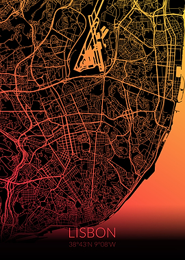Lisbon Map Black Orange