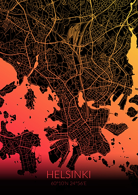 Helsinki Map Black Orange