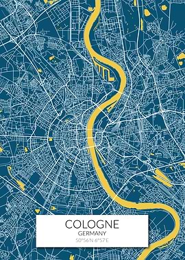 Cologne Map Blue Yellow