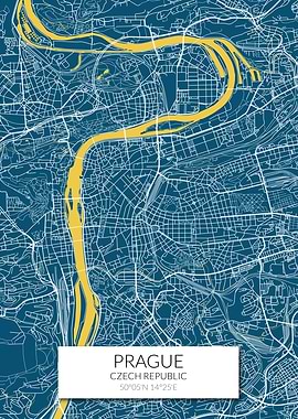 Prague Map Blue Yellow