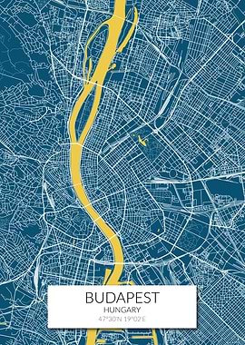 Budapest Map Blue Yellow
