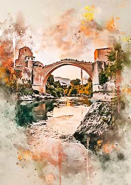 Stari Most in Watercolor