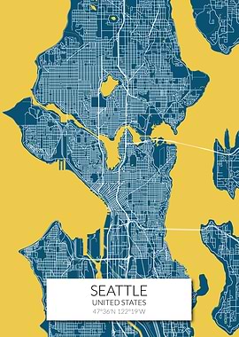 Seattle Map Blue Yellow