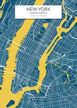 New York Map Blue Yellow