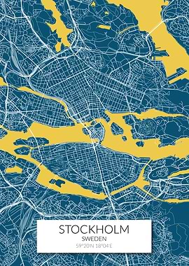 Stockholm Map Blue Yellow