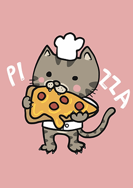 Cat chef eat pizza cartoon